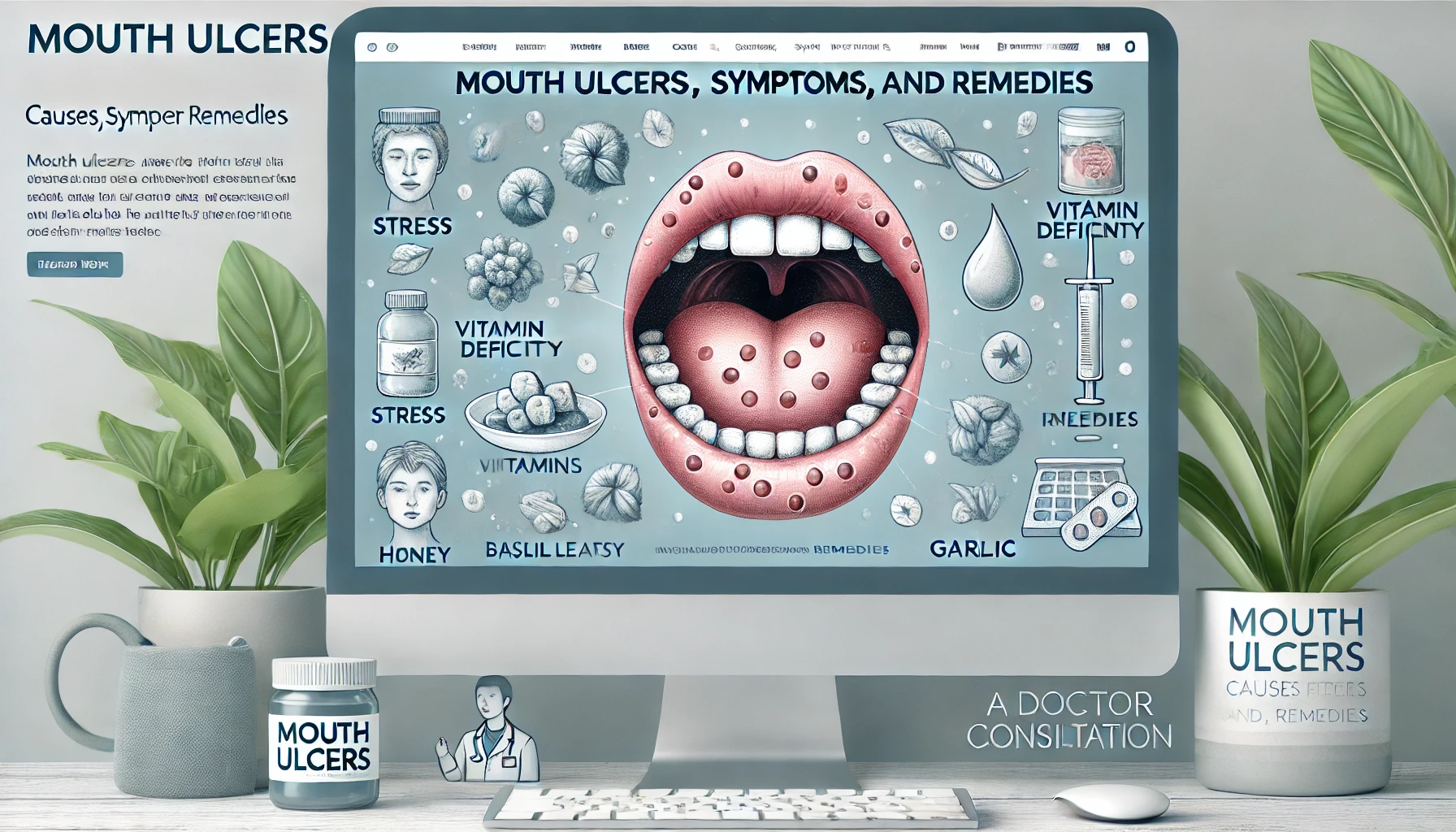 dall·e 2025 02 14 10.46.55 a landscape website thumbnail for an article titled 'mouth ulcers causes, symptoms, and remedies' in english. the design should have a fresh, modern