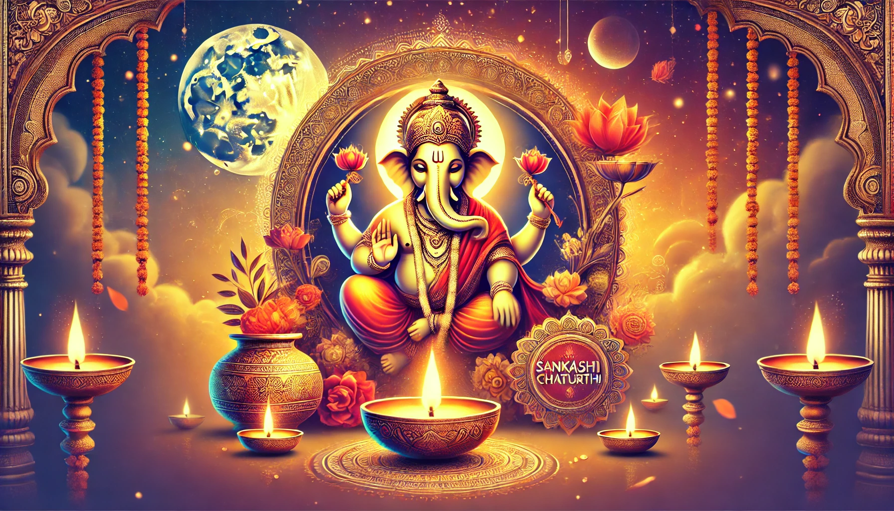 dall·e 2025 02 15 14.02.28 a vibrant and spiritual website thumbnail for an article about sankashti chaturthi, a hindu religious fasting day dedicated to lord ganesha. the image