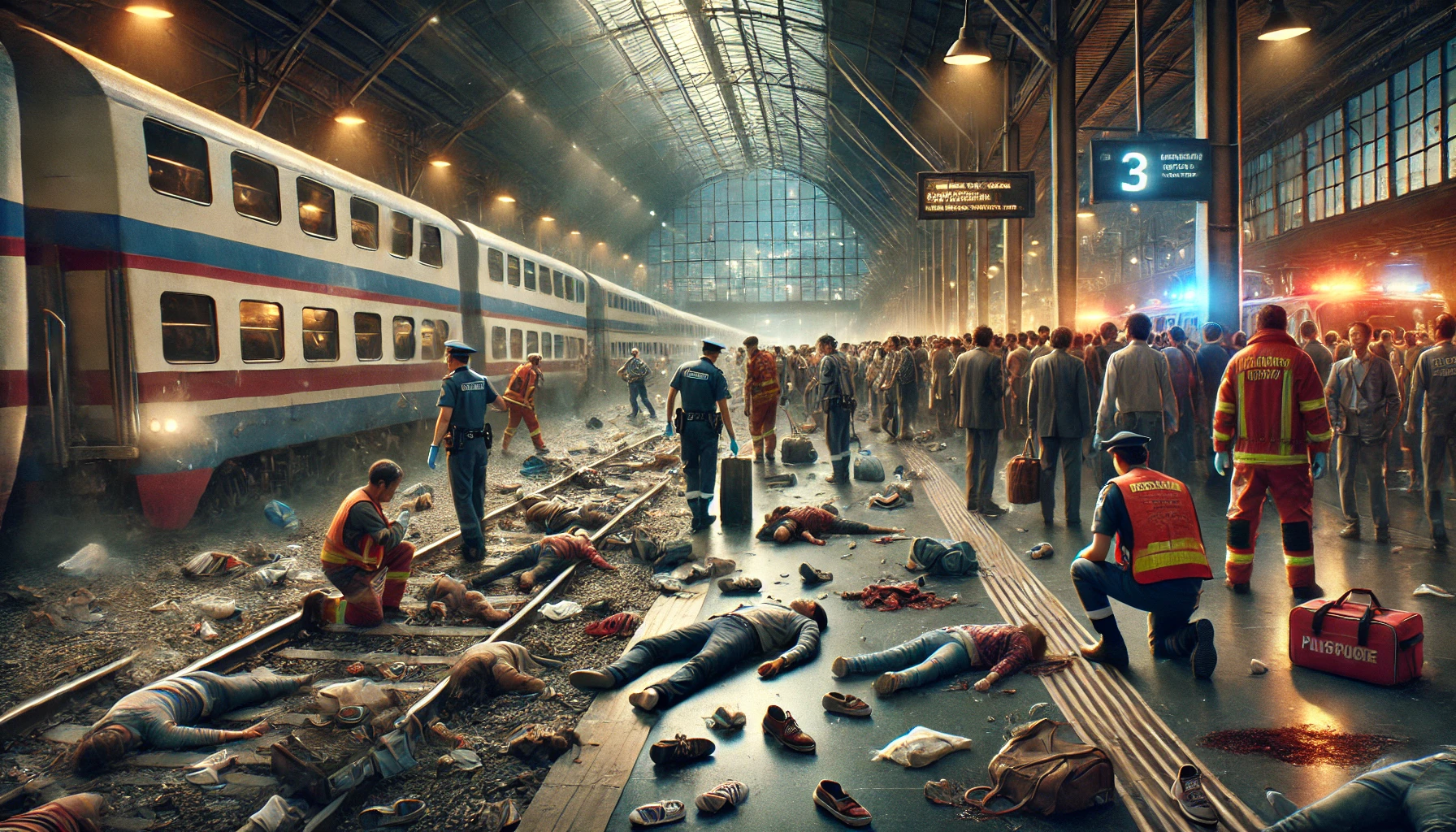 dall·e 2025 02 16 11.24.08 a dramatic digital painting of a railway stampede aftermath at a busy station. abandoned shoes, torn bags, and scattered belongings on the platform. o