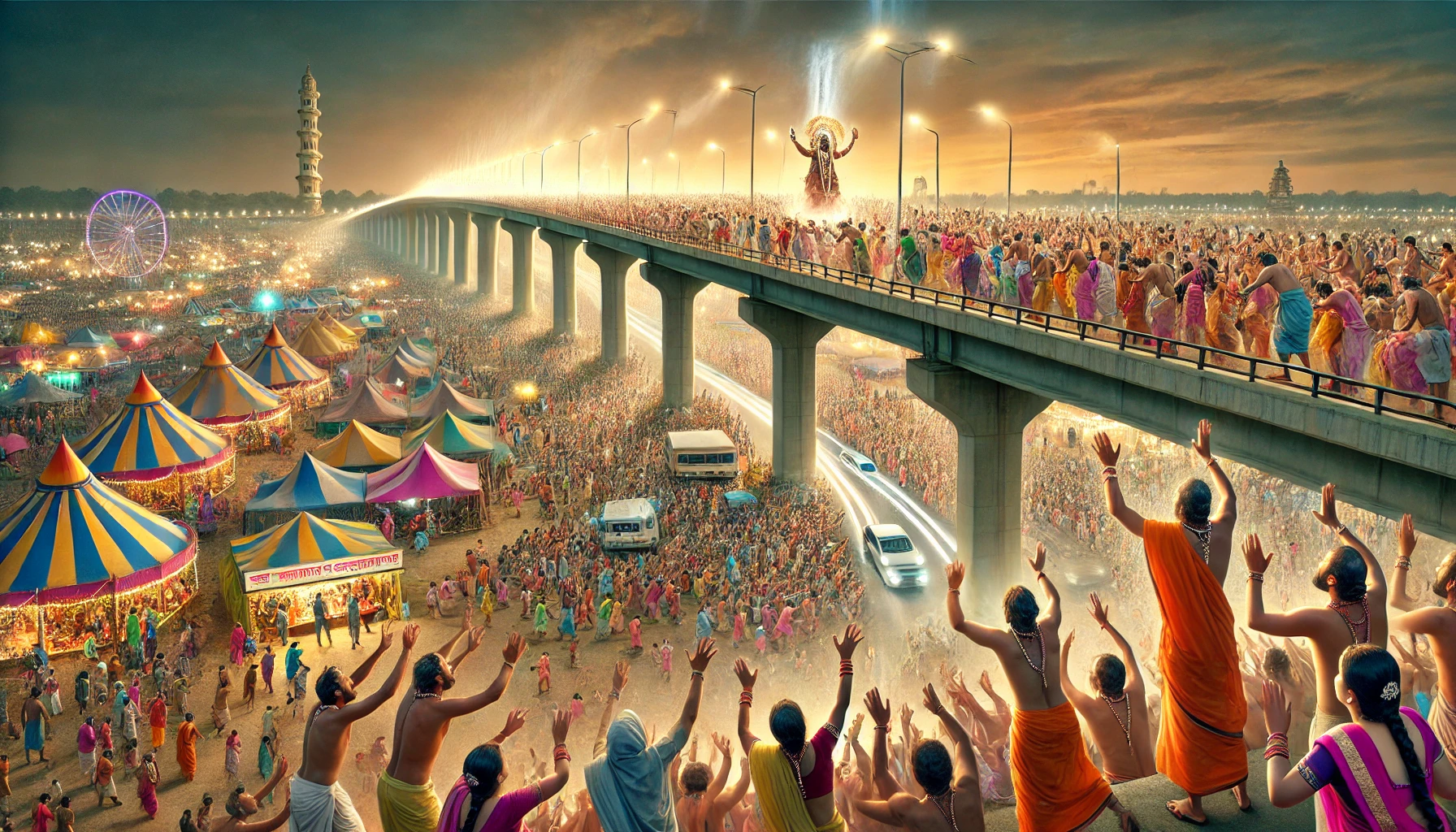 dall·e 2025 02 18 23.21.17 a surreal and humorous scene at the kumbh mela 2025. devotees are seen worshipping and reaching out to touch an ordinary highway flyover, treating it