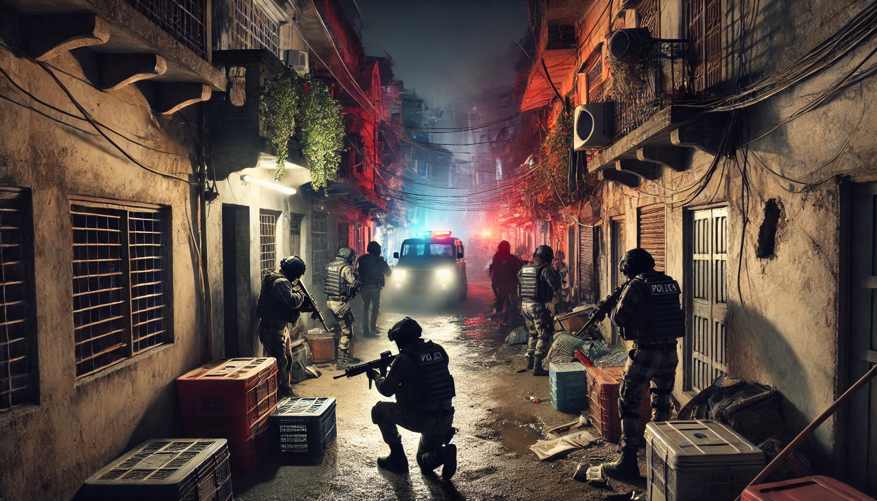 dall·e 2025 02 19 09.50.38 a tense crime scene in patna, india, depicting a police operation in an urban setting. the image shows multiple police officers in tactical gear condu