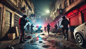 dall·e 2025 02 19 09.51.20 a dramatic crime scene in patna, india, showing a police operation at night. the image features police officers in tactical gear moving through a diml