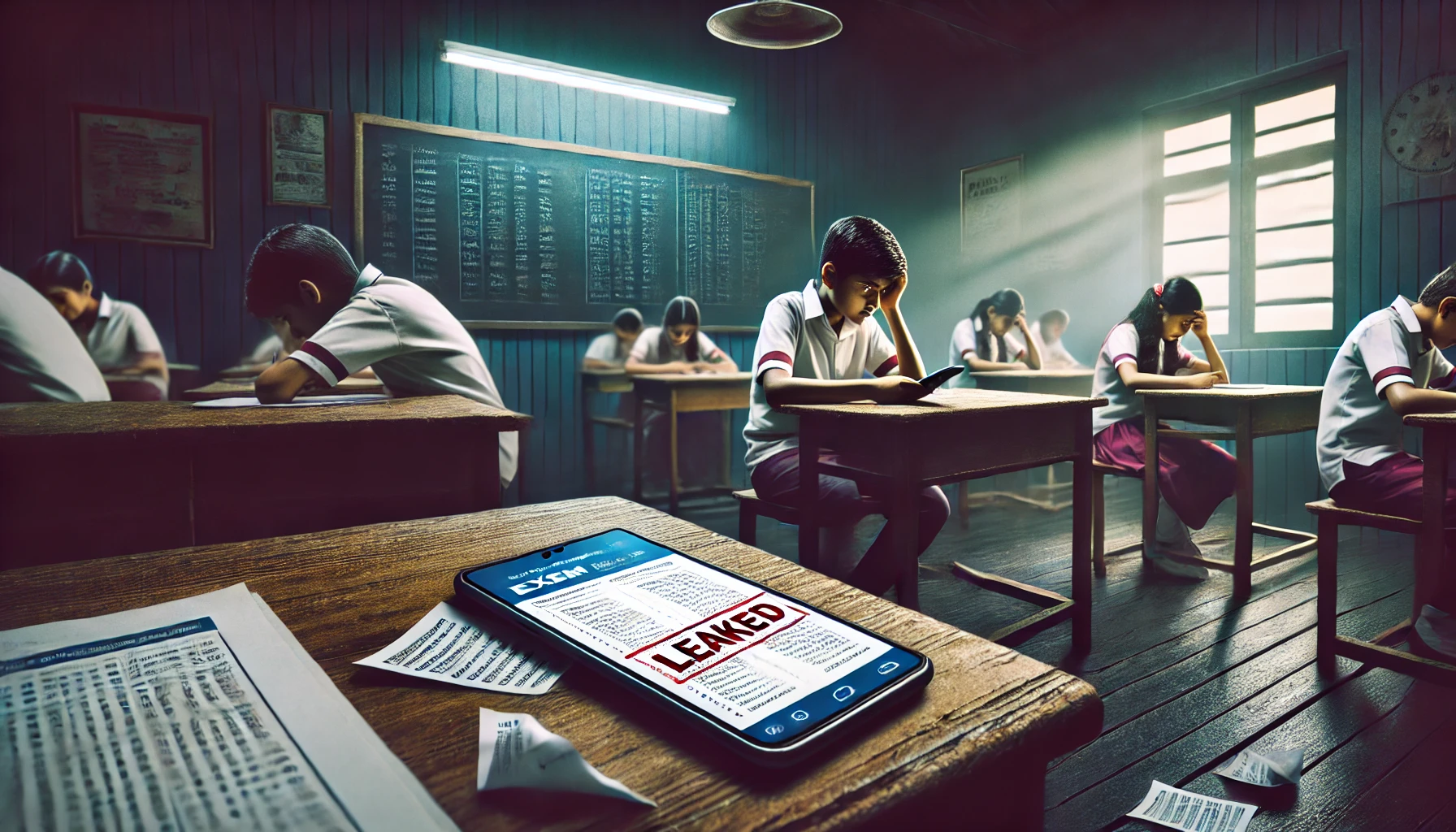 dall·e 2025 02 19 13.15.17 a dramatic digital painting depicting a school exam scene with students looking worried and stressed. a smartphone on a desk displays a leaked exam pa